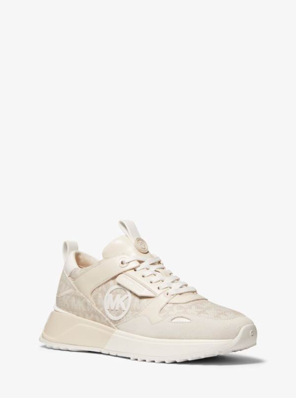 Damske Tenisky Michael Kors Theo Logo Jacquard and Leather Béžové - Topanky Michael Kors Obchod | PBETU-1269